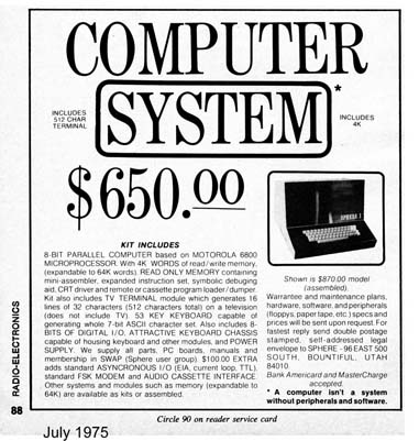 First Sphere Computer Ad, Radio Electronics July 1975